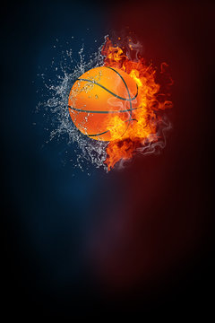 Basketball sports tournament modern poster template. High resolution HR poster size 24x36 inches, 31x91 cm, 300 dpi, vertical design, copy space. Basketball ball exploding by elements fire and water.