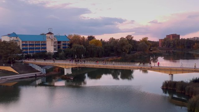 Aerial view on Mirgorod city, Ukraine. Old video style, low light evening sunset autumn footage
