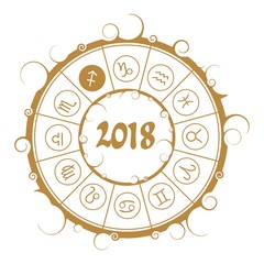 Astrological symbols in the circle. Archer sign. New Year and Christmas celebration card template. Zodiac circle with 2018 new year number.