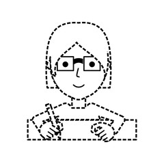 flat line woman writing  sticker over white background  vector illustration