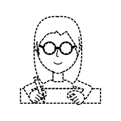 flat line woman writing  sticker over white background  vector illustration