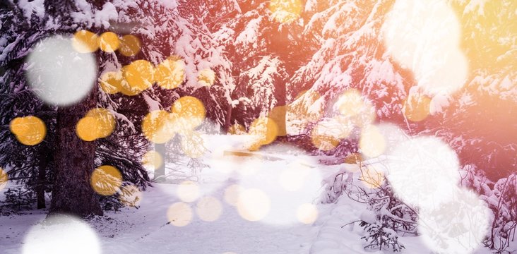 Defocused lights against snow covered trees on mountain
