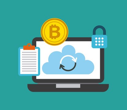 laptop cloud storage information bitcoin check protection lock vector illustration