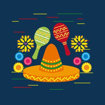 mexican sombrero hat and maracas shakers flowers decorative vector illustration