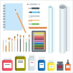 Art tools flat painting icons details stationery creative paint equipment vector artist instrument.