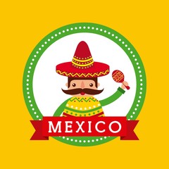 cartoon mexican man holding maraca with a sombrero and poncho vector illustration