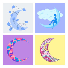 Different moon nature cosmos cycle satellite surface whole cycle from new star vector illustration.