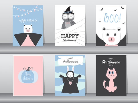 Set of Halloween invitations cards, poster, greeting, template, animals, Vector illustrations 