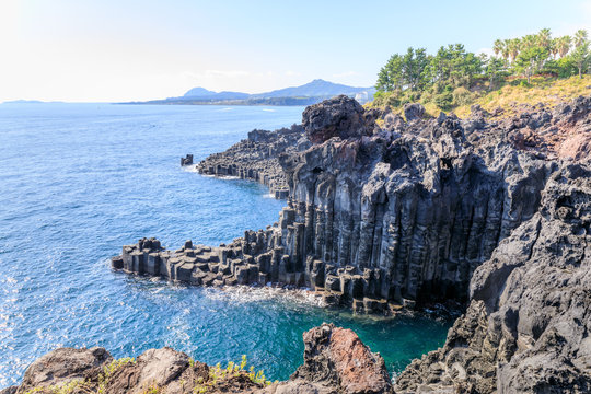 The Daepo Jusangjeolli basalt columnar joints and cliffs on Jeju Island
