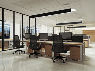 Интерьер офиса openspace ночной вид