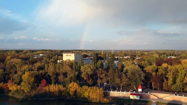 Aerial view on Mirgorod city, Ukraine. Old video style, low light evening sunset autumn footage