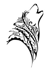 black silhouette wolf head howling tribal tattoo with wind element or air element concept design with withe isolated background