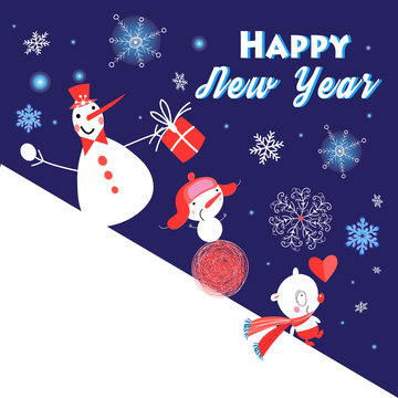 Christmas greeting card with funny snowmen