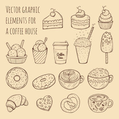 Hand drawn vector illustration - collection of goodies, sweets, cakes and pastries.