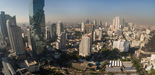 Blue Sky Over Central Bangkok And Modern Skyscrapers, Aerial Drone Panorama