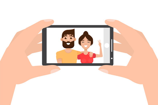 Hand holding smartphone and taking photo, selfie. Vector illustration.