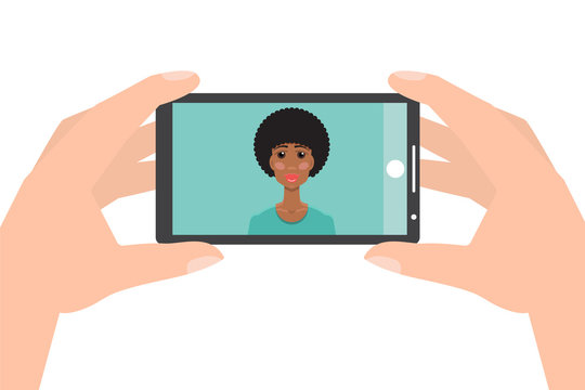 Hand holding smartphone and taking photo, selfie. Vector illustration.