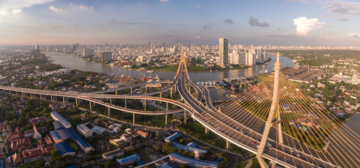 Bhumibol Bridge And Bangkok Cityscape, Thailand, High Aerial Panorama Shot