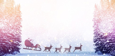 Composite image of side view of santa claus riding on sleigh