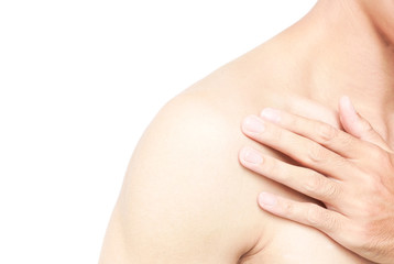 Closeup man holding shoulder with pain, healthy care and medical concept
