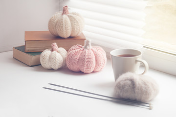 Fototapeta na wymiar Autumn cozy window composition, Window at home. Book, cup, needles, yarns ball and knitted pumpkins, toned photo