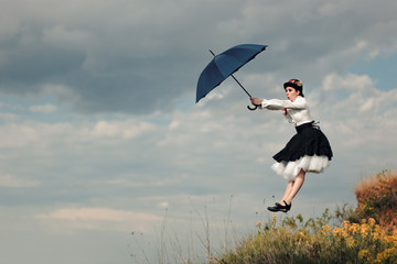 Retro Woman with Umbrella Up in The Air in Fantasy Portrait
