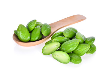 pile of sato, parkia speciosa seeds or bitter bean isolated on white background