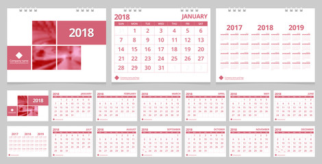 Calendar 2018 week start on Sunday corporate business design template vector pink rose and white color sample image with Gradient Mesh.