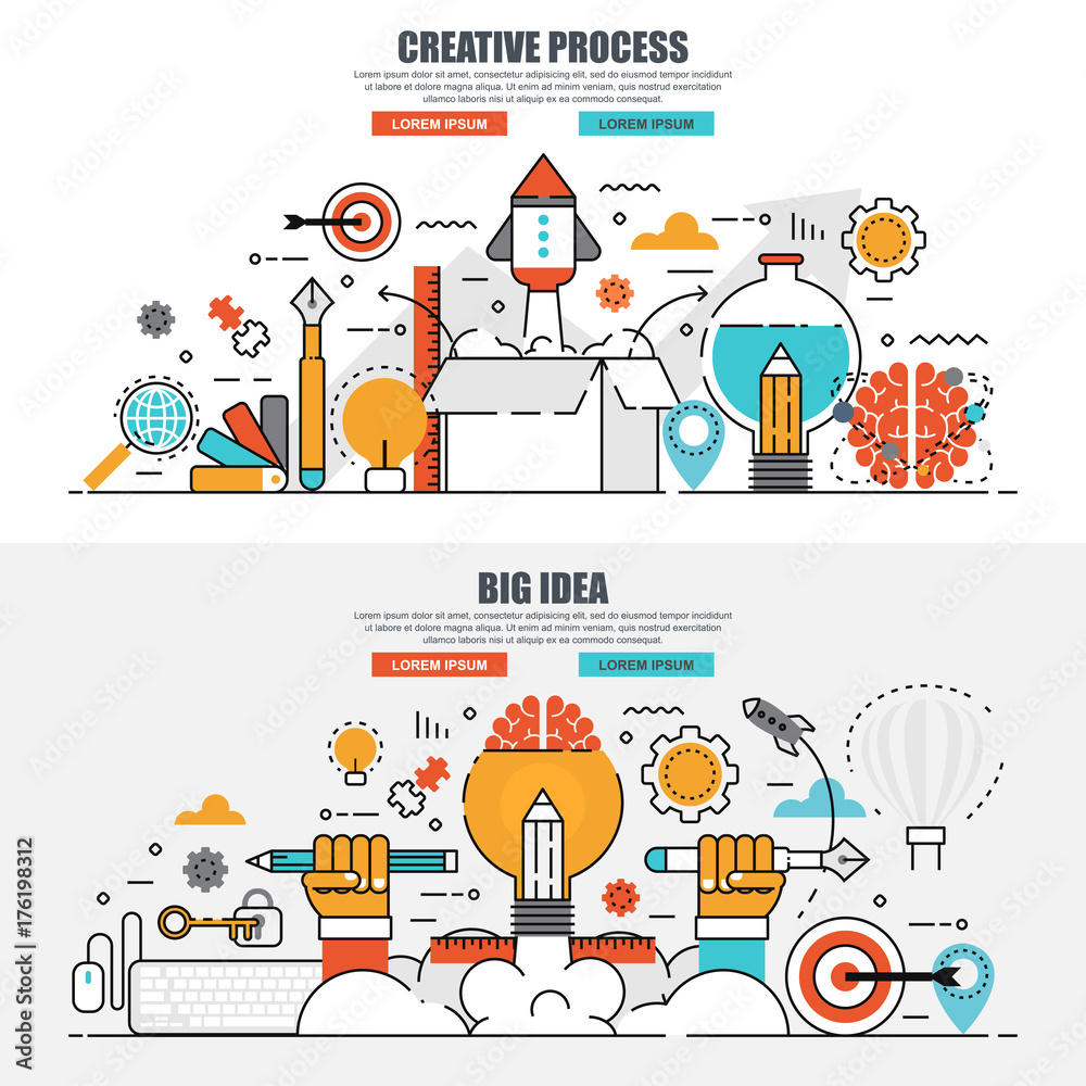 Leinwandbilder business flat line concept web banner of creative process and project workflow, idea, finding soluti
