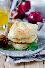 Pancakes with apples and honey, breakfast