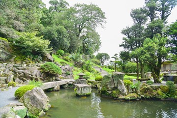 Fototapeta na wymiar Traditional Japanese Garden Landscape of Senganen Garden in Kagoshima