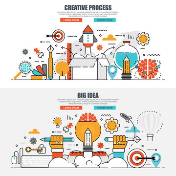 Business flat line concept web banner of creative process and project workflow, idea, finding solution, brainstorming. Conceptual linear vector illustration for web design, marketing, graphic design.