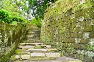 Stone Stairway Covered in Moss at Senganen Garden in Kagoshima