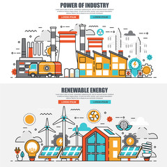 Business flat line concept web banner of power of industry and renewable energy. Conceptual linear vector illustration for web design, marketing, graphic design.