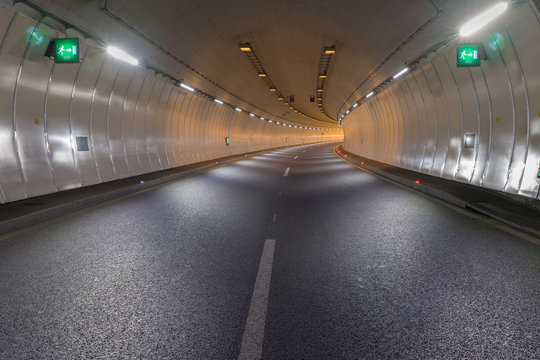Bend in a road tunnel without traffic