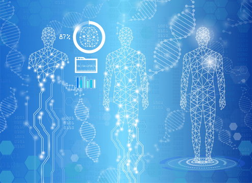 abstract background technology concept in blue light,human body heal,technology modern medical science in future and global international medical with tests analysis clone DNA human