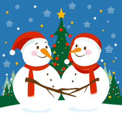 Christmas tree and snowmen in a beautiful winter landscape. Vector illustration
