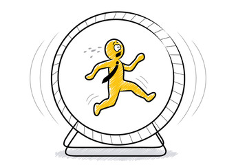 Geschäftsleben: Ein gelbes Strichmännchen mit Krawatte im Hamsterrad / Zeichnung, schraffiert, Vektor, freigestellt