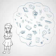 Child, girl, teen, teenager in bad mood. Study, studying, learning problems. School objects in a cloud. Vector outlined illustration. White image, gray background.