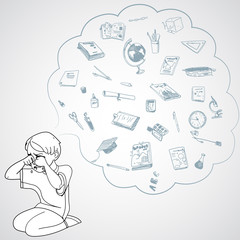 Child, boy, teen, teenager crying. Study, studying, learning problems. School objects in a cloud. Vector outlined illustration. White image, gray background.