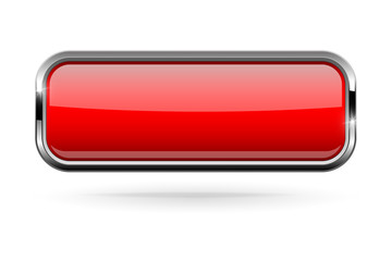 Red rectangle button with bold chrome frame. 3d shiny icon