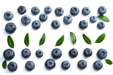 blueberries with green leaf isolated on white background. top view