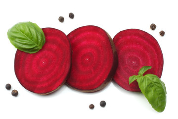 sliced beetroot isolated on white background. top view