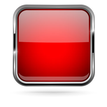 Red Square Button With Bold Chrome Frame. 3d Shiny Icon