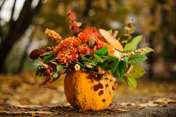 Poster de jardin Fleurs Pumpkin with a lovely autumn flower composition