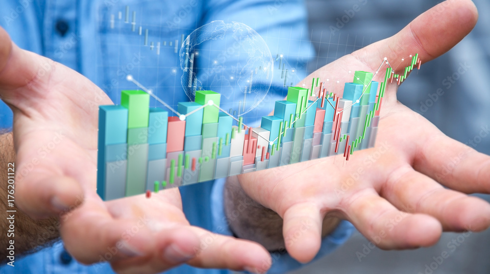 Poster businessman using digital 3d rendered stock exchange stats and charts