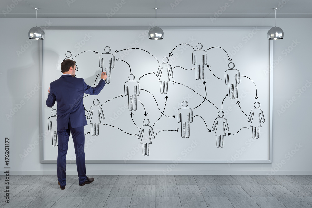 Aufkleber businessman drawing social network sketch on a board 3d rendering