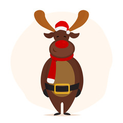 Funny christmas deer. Merry Christmas and Happy New Year design. Cute character design. Good for use on postcard, card, banner, advertisement, flyer, leaflet. Vector illustration.