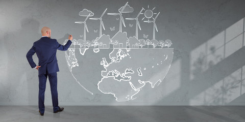 Businessman drawing renewable energy sketch on a wall 3D rendering