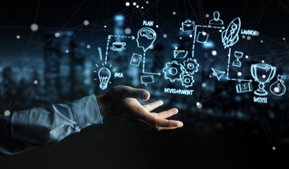 Businessman using manuscript project presentation with his hand